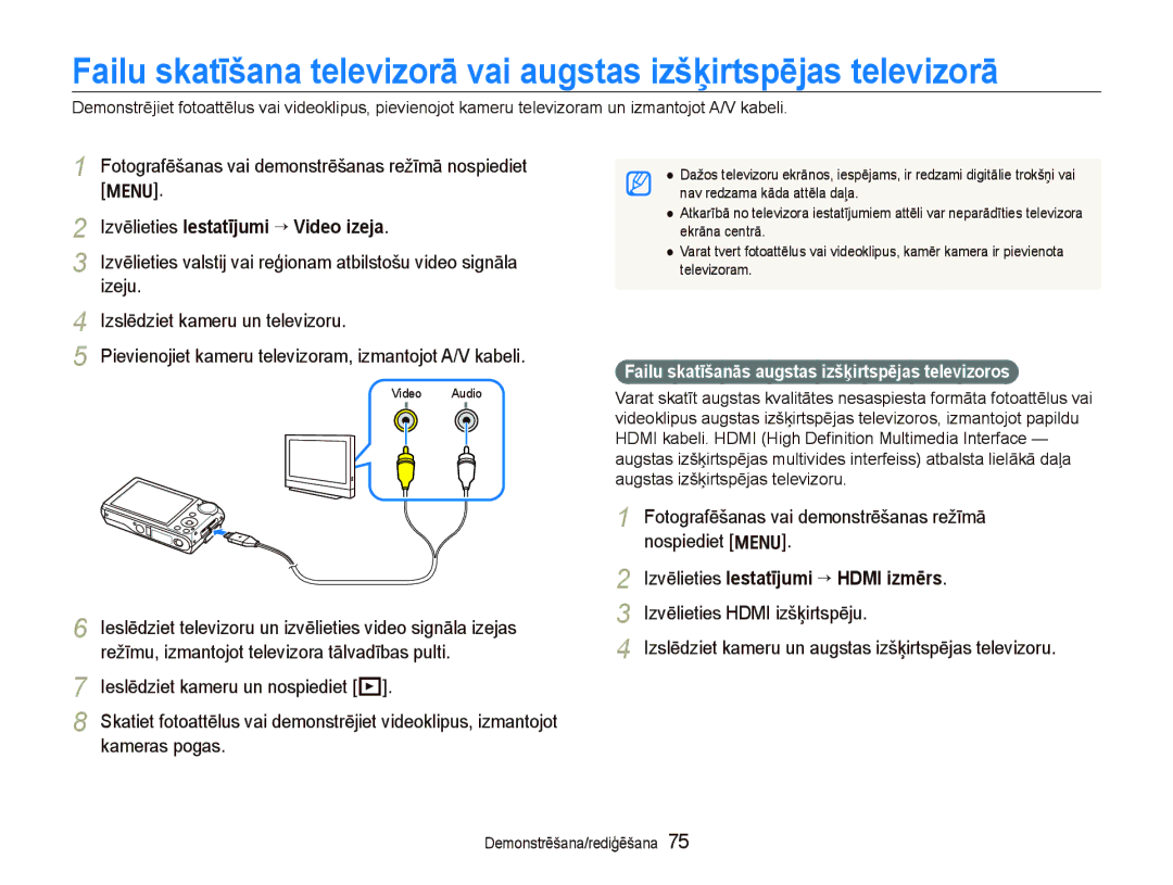 Samsung EC-PL150ZBPRRU, EC-PL150ZBPSRU manual Izvēlieties Iestatījumi “ Video izeja, Izvēlieties Iestatījumi “ Hdmi izmērs 