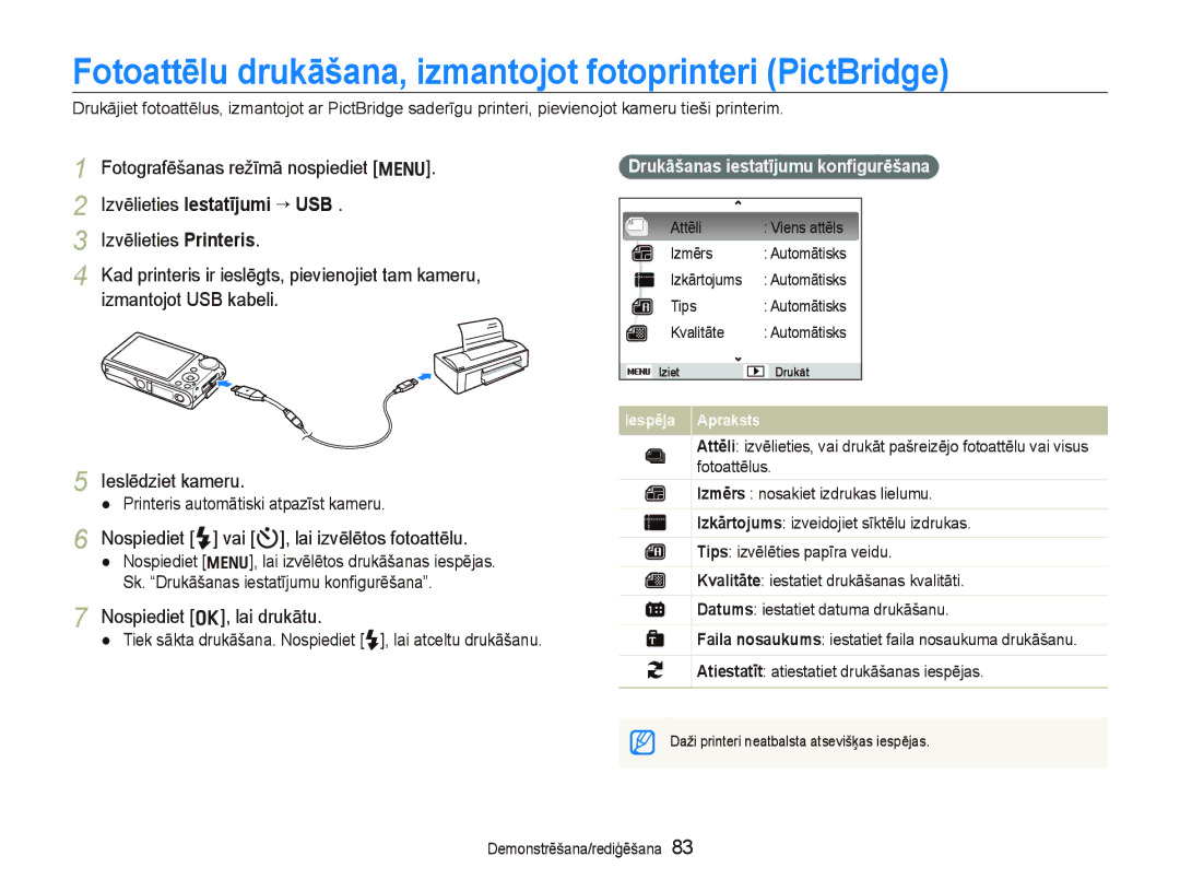 Samsung EC-PL150ZBPRRU manual Fotoattēlu drukāšana, izmantojot fotoprinteri PictBridge, Izvēlieties Iestatījumi “ USB 