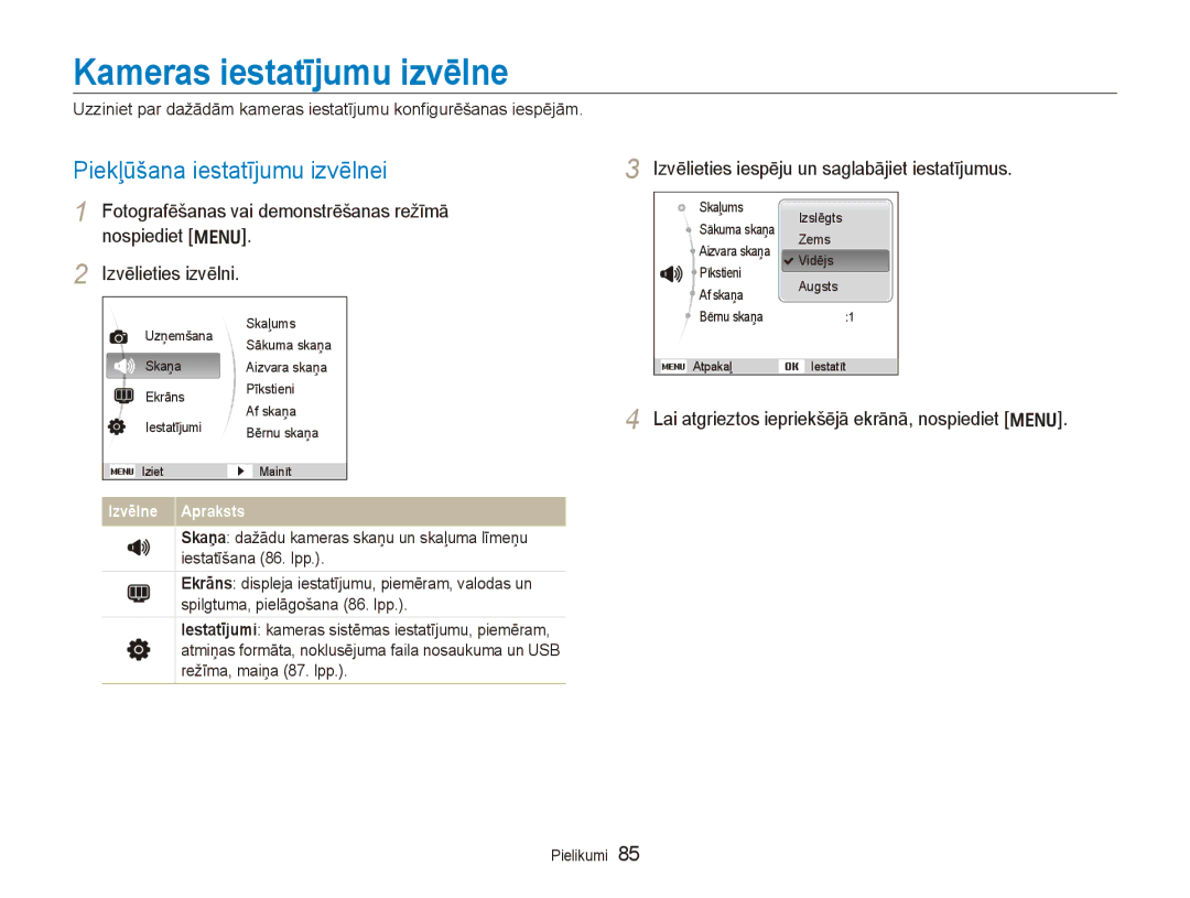 Samsung EC-PL150ZBPURU, EC-PL150ZBPRRU, EC-PL150ZBPSRU manual Kameras iestatījumu izvēlne, Piekļūšana iestatījumu izvēlnei 