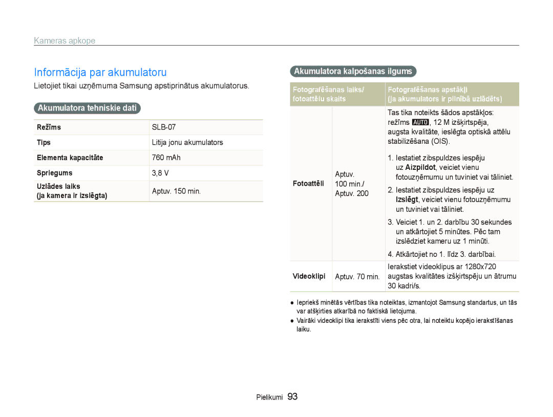 Samsung EC-PL150ZBPURU manual Informācija par akumulatoru, Akumulatora tehniskie dati, Akumulatora kalpošanas ilgums 