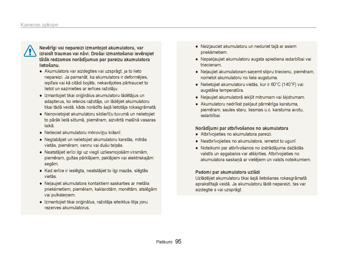 Samsung EC-PL150ZBPRRU, EC-PL150ZBPSRU Neatbrīvojieties no akumulatora, iemetot to ugunī, Padomi par akumulatora uzlādi 