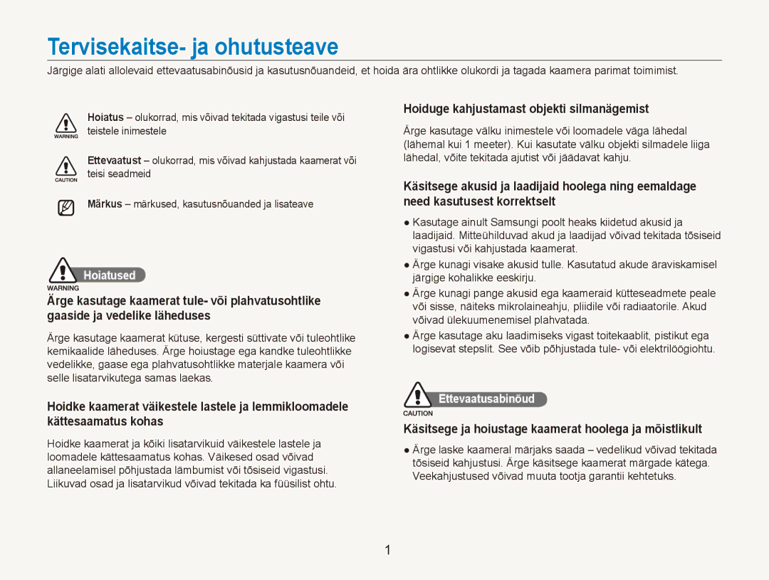 Samsung EC-PL150ZBPURU manual Tervisekaitse- ja ohutusteave, Hoiduge kahjustamast objekti silmanägemist, Hoiatused 