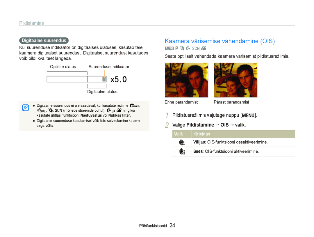 Samsung EC-PL150ZBPSRU manual Kaamera värisemise vähendamine OIS, Pildistusrežiimis vajutage nuppu m, Digitaalne suurendus 