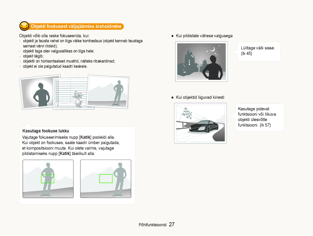 Samsung EC-PL150ZBPRRU manual Objekti fookusest väljajäämise ärahoidmine, Objekti võib olla raske fokuseerida, kui 