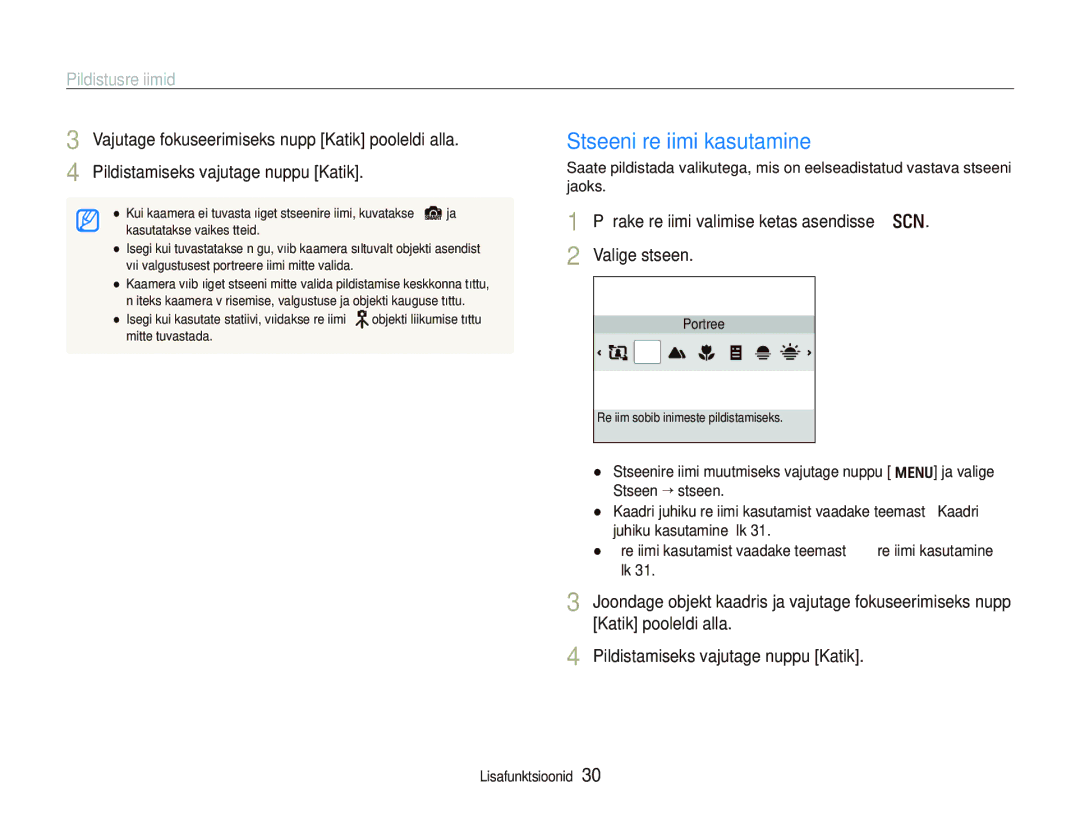 Samsung EC-PL150ZBPLRU, EC-PL150ZBPRRU, EC-PL150ZBPSRU, EC-PL150ZBPURU manual Stseeni režiimi kasutamine, Pildistusrežiimid 