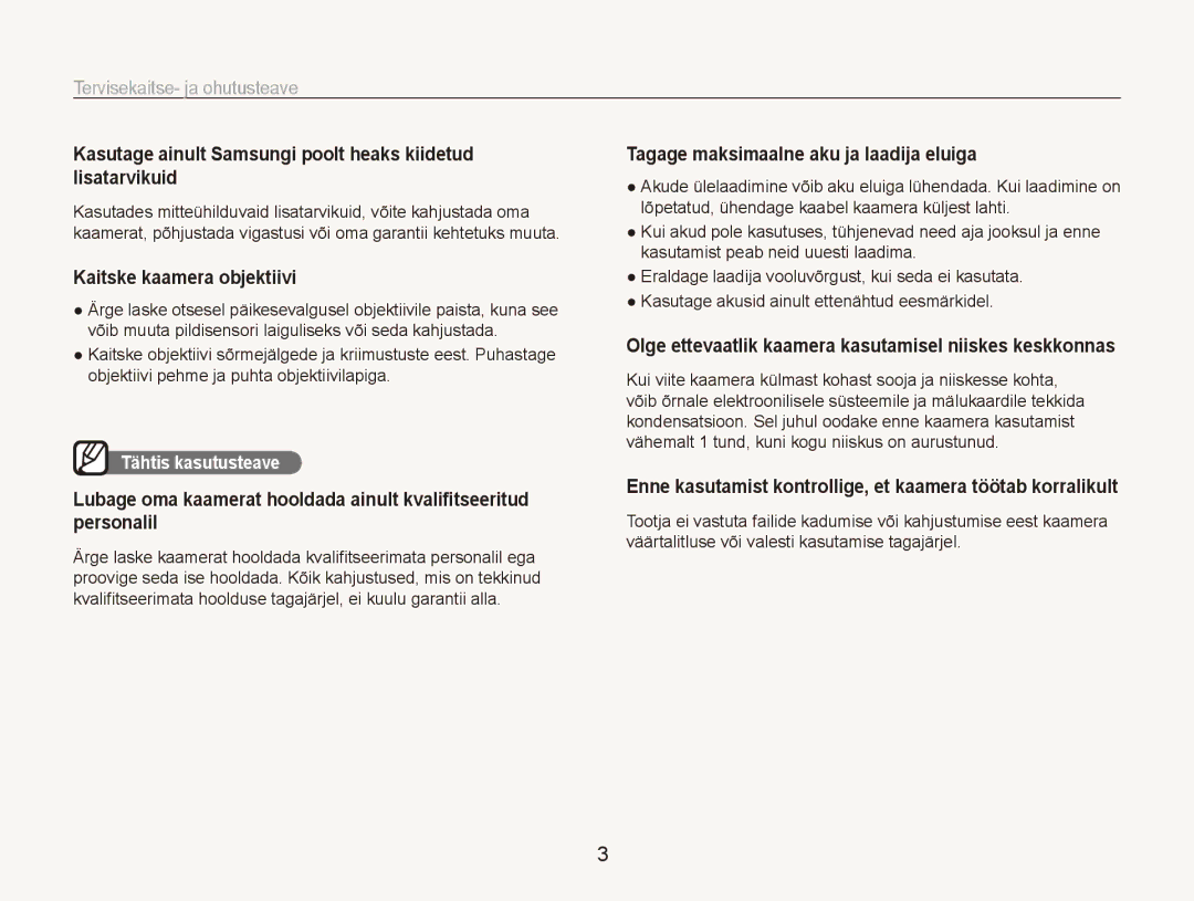 Samsung EC-PL150ZBPRRU manual Kasutage ainult Samsungi poolt heaks kiidetud lisatarvikuid, Kaitske kaamera objektiivi 