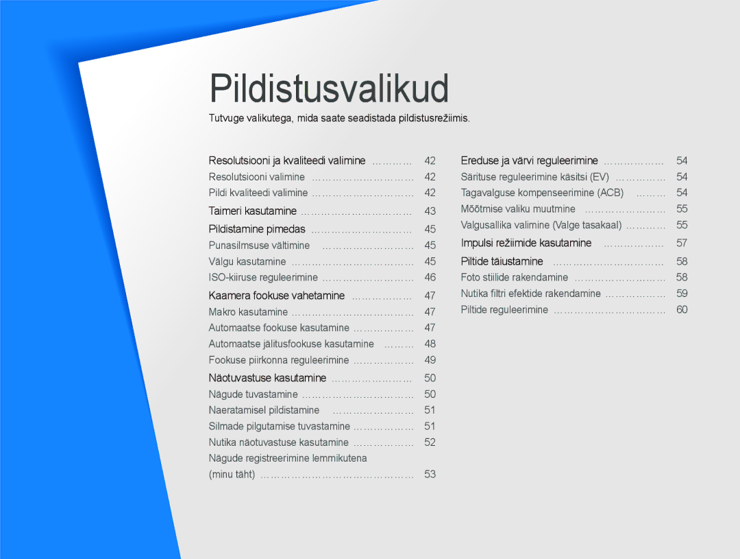 Samsung EC-PL150ZBPURU, EC-PL150ZBPRRU, EC-PL150ZBPSRU, EC-PL150ZBPLRU manual Pildistusvalikud 