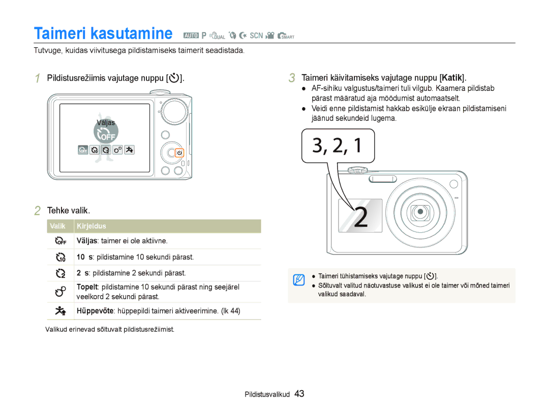 Samsung EC-PL150ZBPRRU, EC-PL150ZBPSRU manual Taimeri kasutamine a p d b N s v S, Pildistusrežiimis vajutage nuppu t 