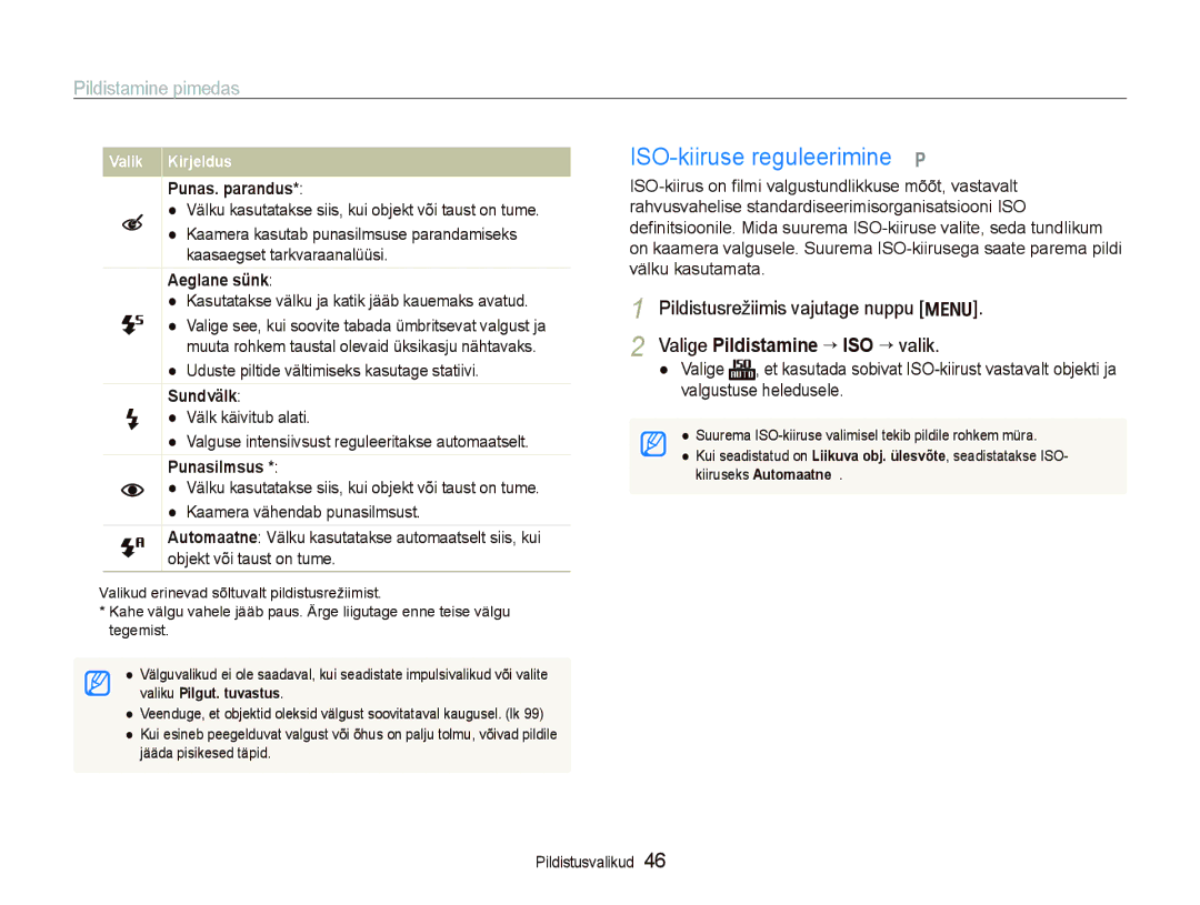 Samsung EC-PL150ZBPLRU manual ISO-kiiruse reguleerimine p, Pildistamine pimedas, Valige Pildistamine “ ISO “ valik 