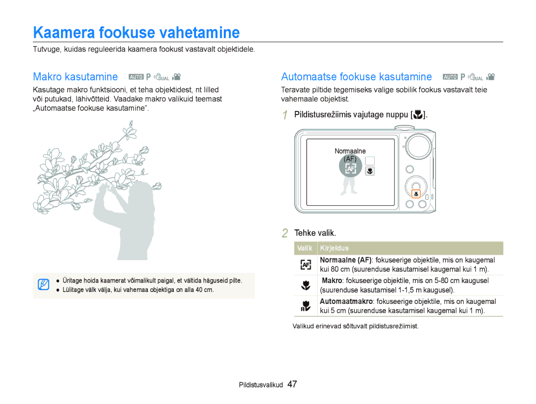 Samsung EC-PL150ZBPRRU manual Kaamera fookuse vahetamine, Makro kasutamine a p d, Automaatse fookuse kasutamine a p d 