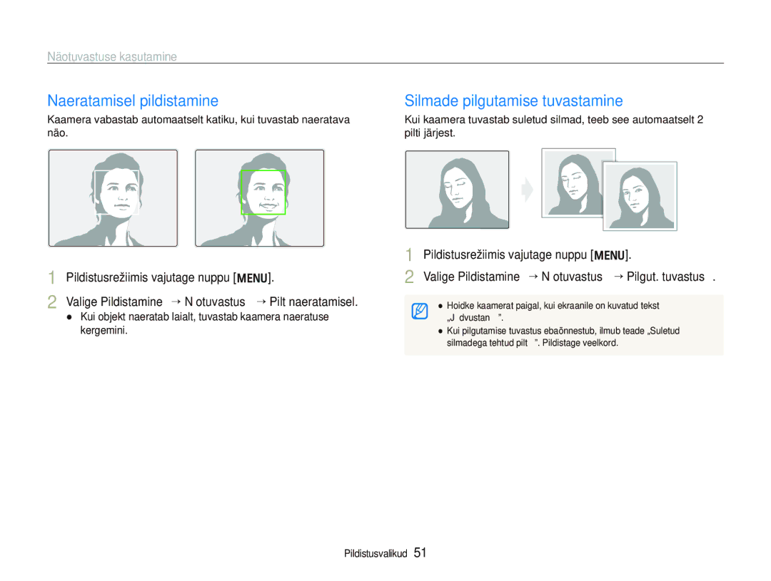 Samsung EC-PL150ZBPRRU, EC-PL150ZBPSRU Naeratamisel pildistamine, Silmade pilgutamise tuvastamine, Näotuvastuse kasutamine 