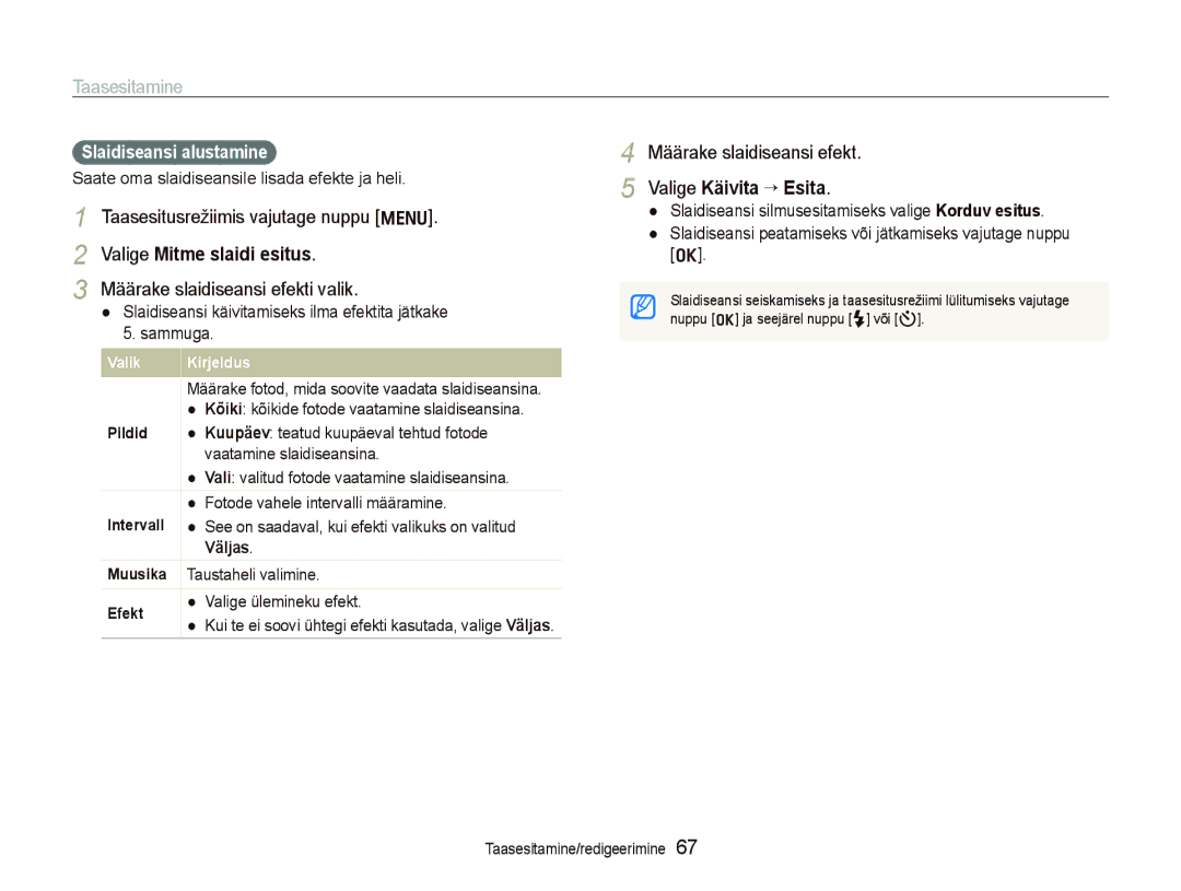 Samsung EC-PL150ZBPRRU manual Valige Mitme slaidi esitus, Määrake slaidiseansi efekti valik, Valige Käivita ““Esita 