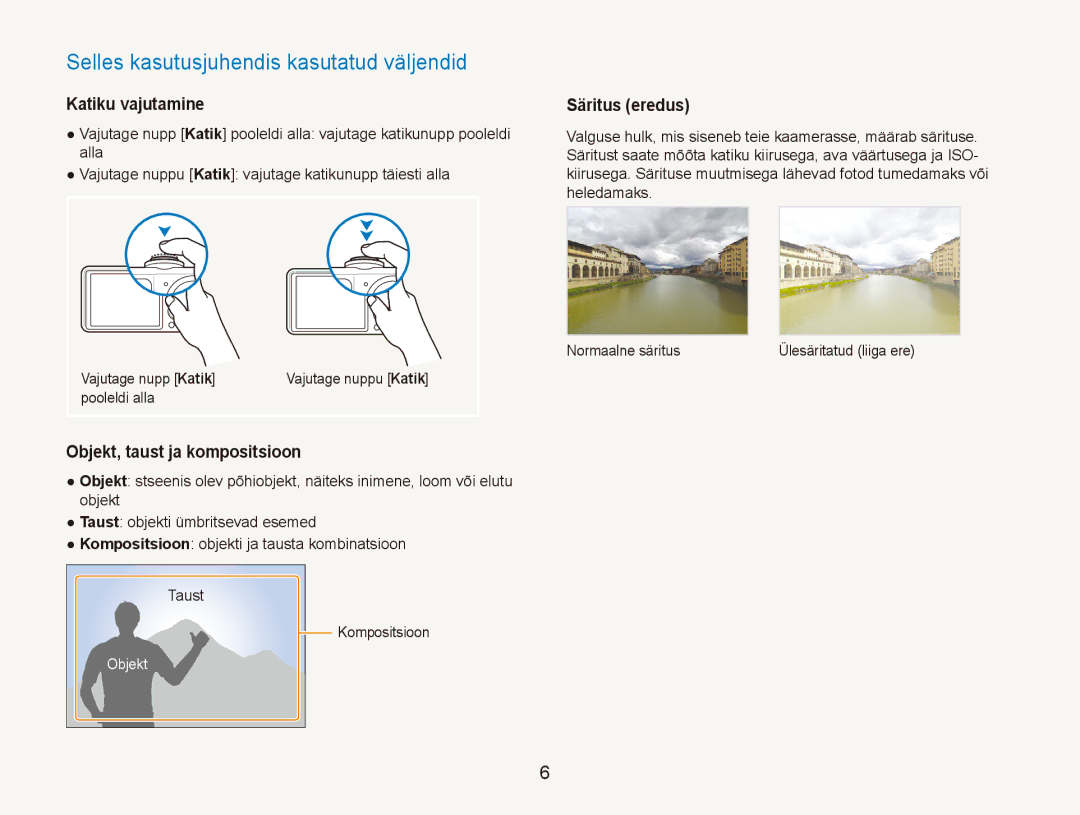 Samsung EC-PL150ZBPLRU manual Selles kasutusjuhendis kasutatud väljendid, Katiku vajutamine, Objekt, taust ja kompositsioon 