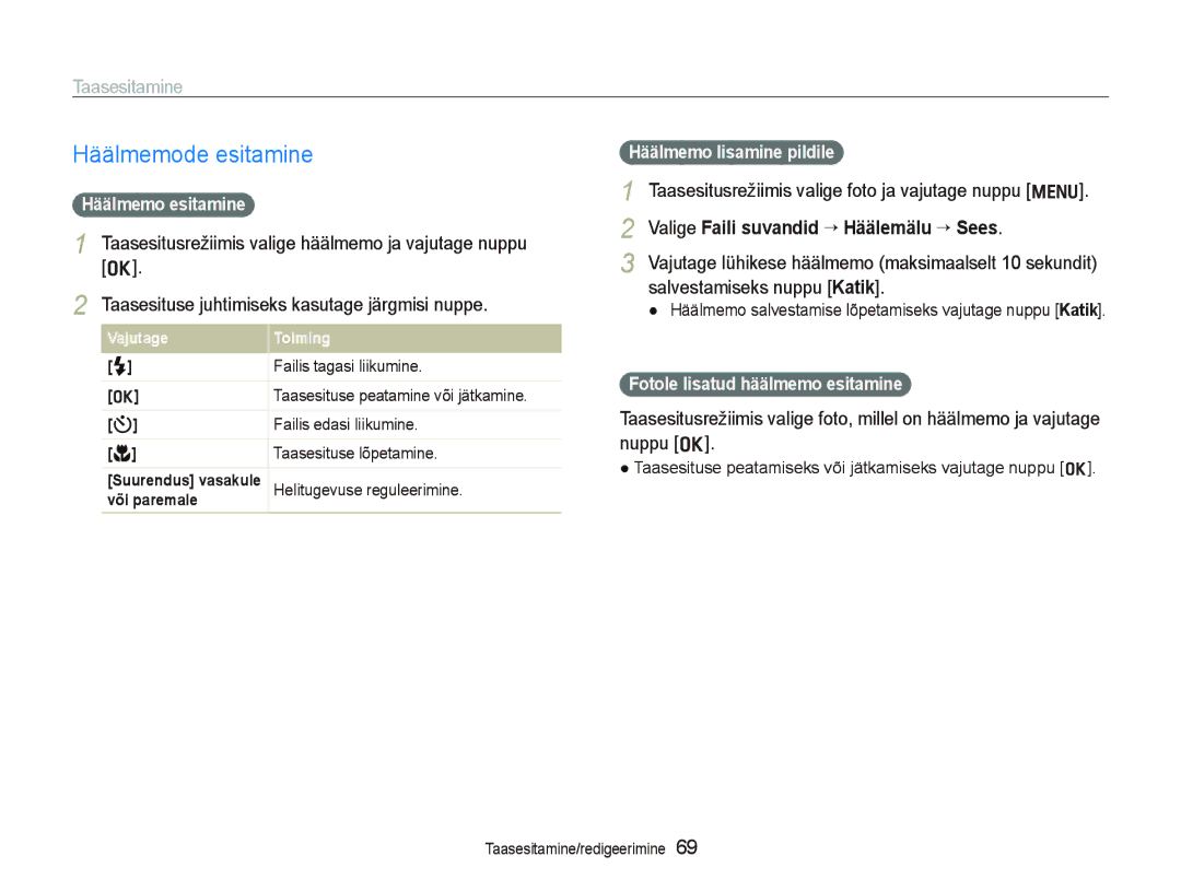 Samsung EC-PL150ZBPURU manual Häälmemode esitamine, Häälmemo esitamine, Taasesituse lõpetamine, Häälmemo lisamine pildile 