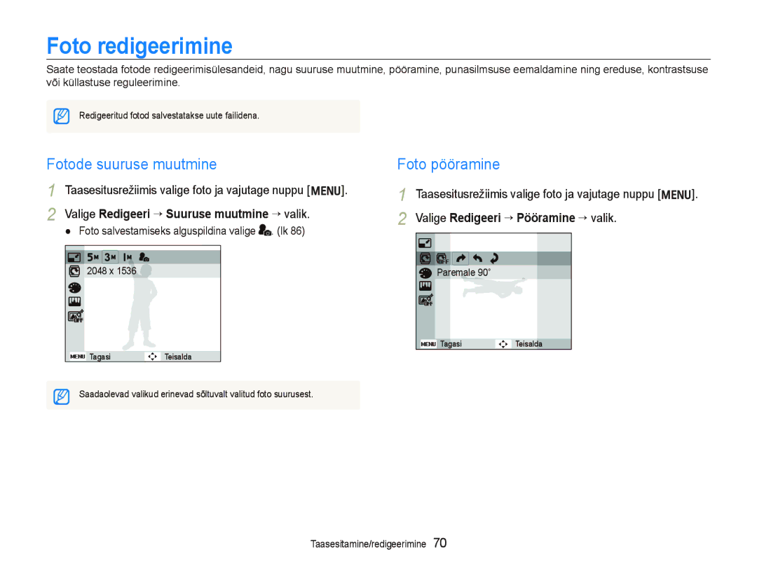 Samsung EC-PL150ZBPLRU manual Taasesitusrežiimis valige foto ja vajutage nuppu m, Valige Redigeeri “ Pööramine “ valik 