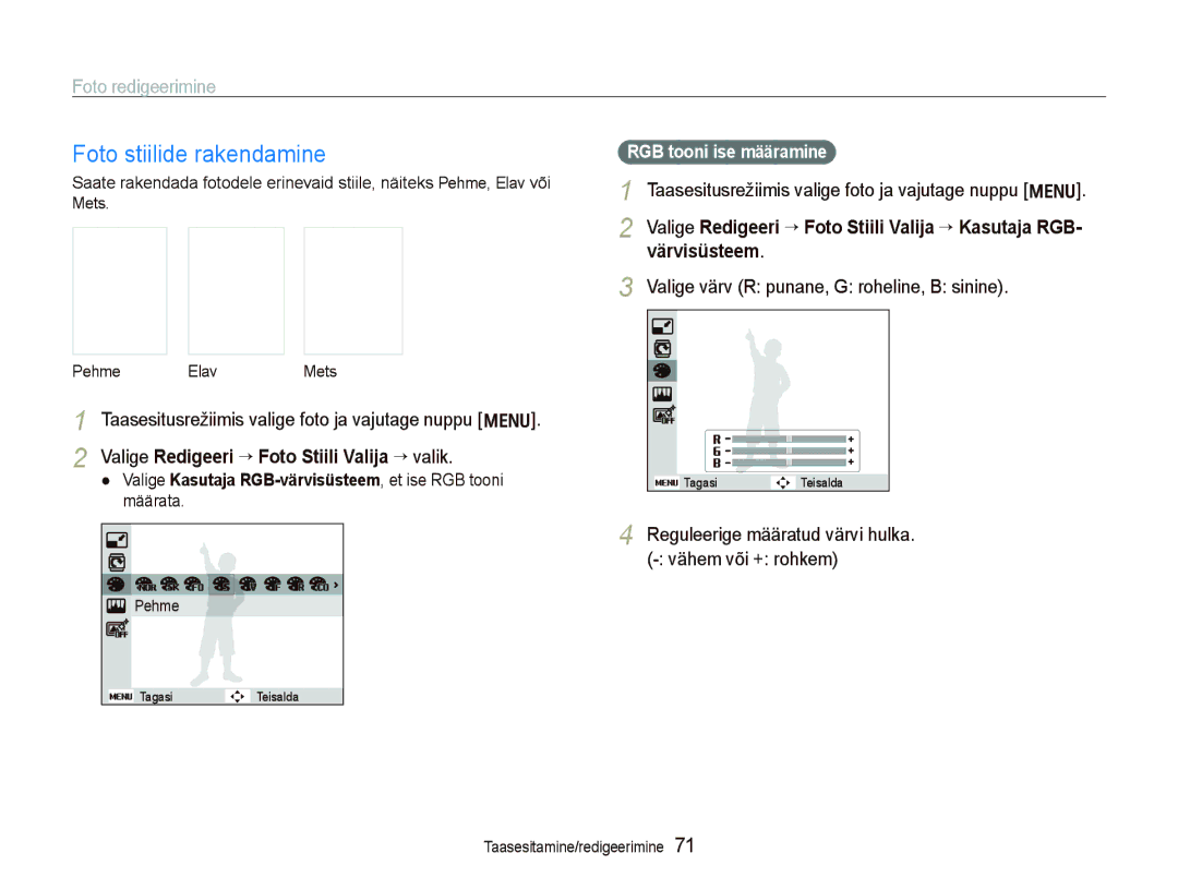 Samsung EC-PL150ZBPRRU manual Foto stiilide rakendamine, Foto redigeerimine, Valige värv R punane, G roheline, B sinine 