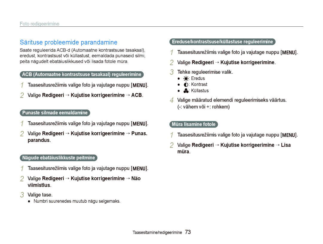 Samsung EC-PL150ZBPURU Särituse probleemide parandamine, Valige Redigeeri “ Kujutise korrigeerimine “ ACB, Parandus, Müra 