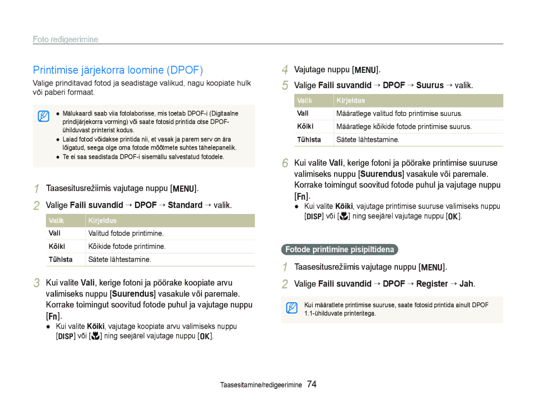 Samsung EC-PL150ZBPLRU, EC-PL150ZBPRRU Printimise järjekorra loomine Dpof, Valige Faili suvandid “ Dpof “ Suurus “ valik 