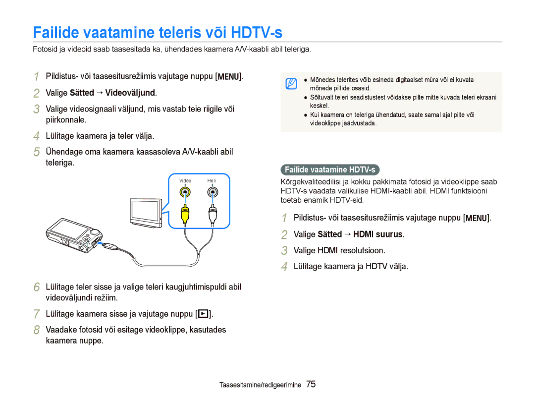 Samsung EC-PL150ZBPRRU, EC-PL150ZBPSRU, EC-PL150ZBPURU Failide vaatamine teleris või HDTV-s, Valige Sätted “ Videoväljund 