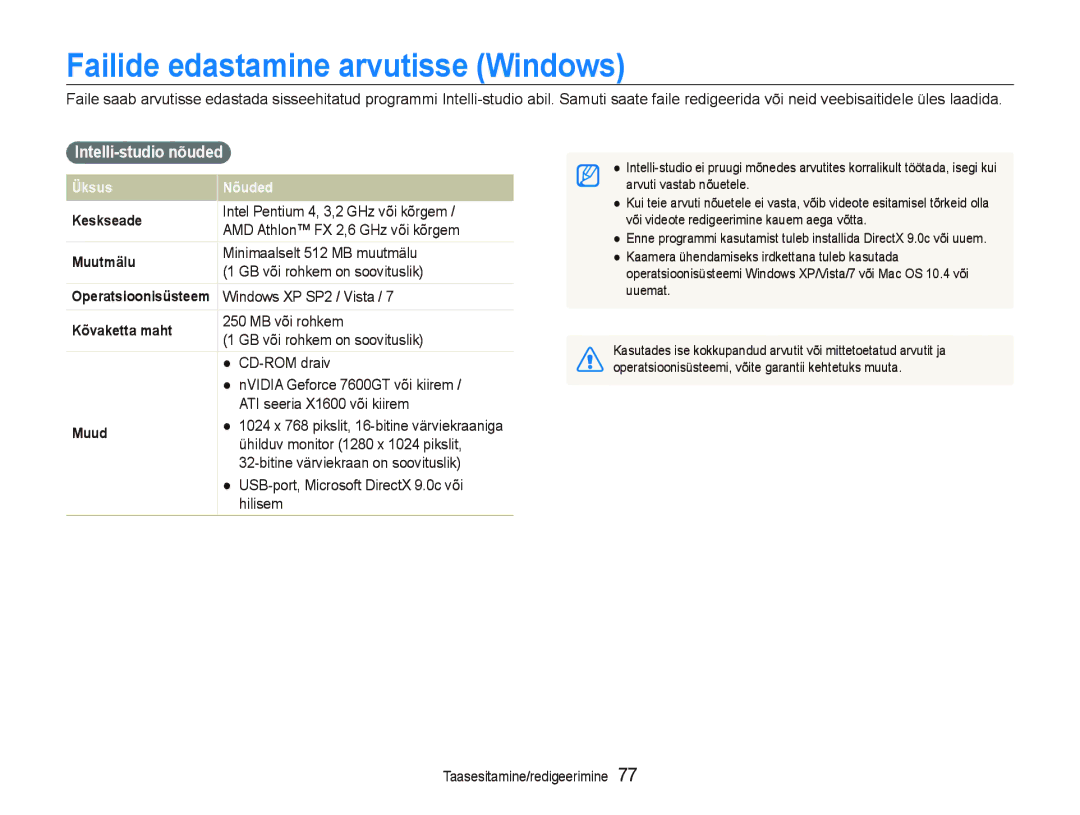 Samsung EC-PL150ZBPURU, EC-PL150ZBPRRU, EC-PL150ZBPSRU manual Failide edastamine arvutisse Windows, Intelli-studio nõuded 