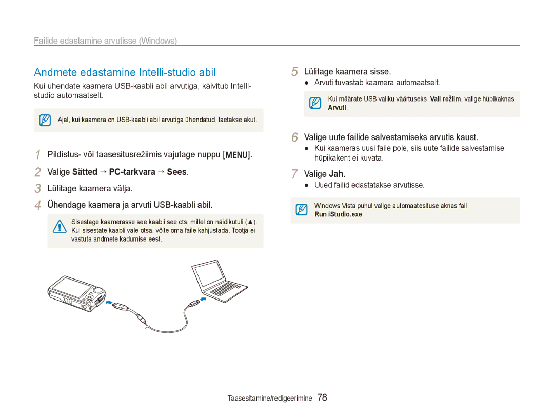 Samsung EC-PL150ZBPLRU, EC-PL150ZBPRRU manual Andmete edastamine Intelli-studio abil, Failide edastamine arvutisse Windows 