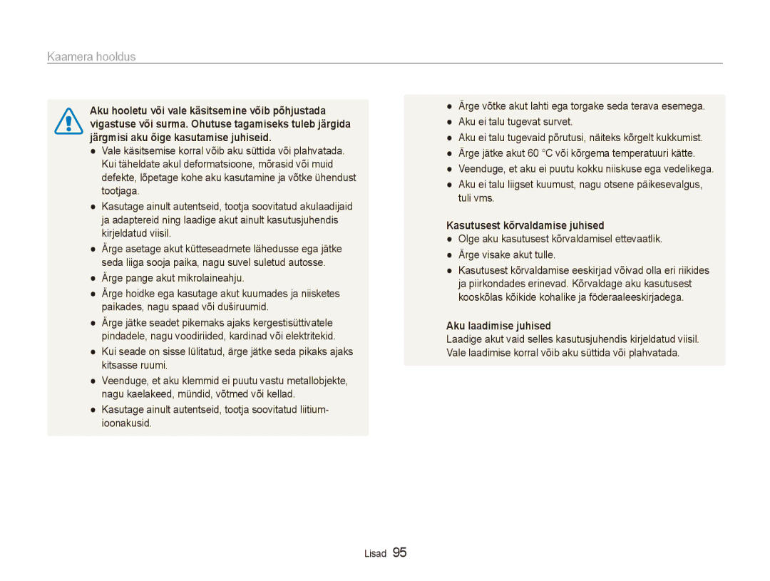 Samsung EC-PL150ZBPRRU manual Ärge pange akut mikrolaineahju, Kasutusest kõrvaldamise juhised, Aku laadimise juhised 