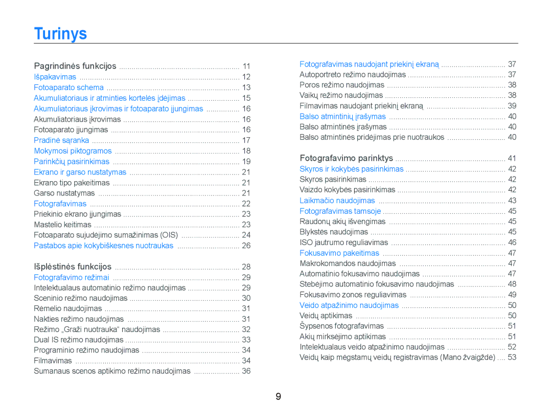 Samsung EC-PL150ZBPURU, EC-PL150ZBPRRU, EC-PL150ZBPSRU manual Turinys, Pagrindinės funkcijos Išpakavimas Fotoaparato schema 