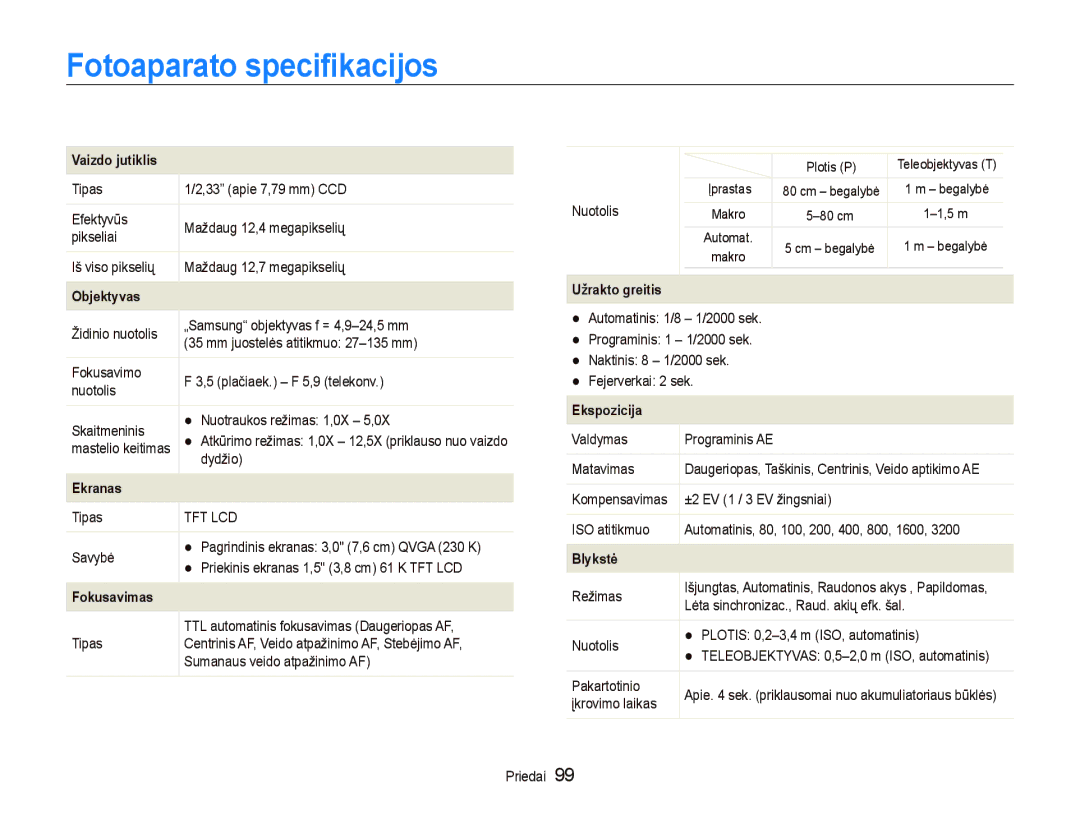 Samsung EC-PL150ZBPRRU, EC-PL150ZBPSRU, EC-PL150ZBPURU, EC-PL150ZBPLRU manual Fotoaparato speciﬁkacijos 