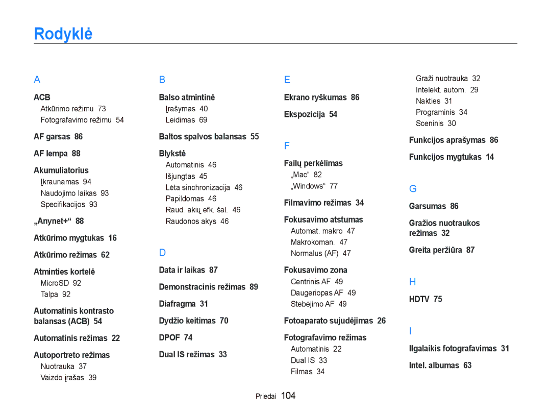 Samsung EC-PL150ZBPSRU, EC-PL150ZBPRRU, EC-PL150ZBPURU, EC-PL150ZBPLRU manual Rodyklė 