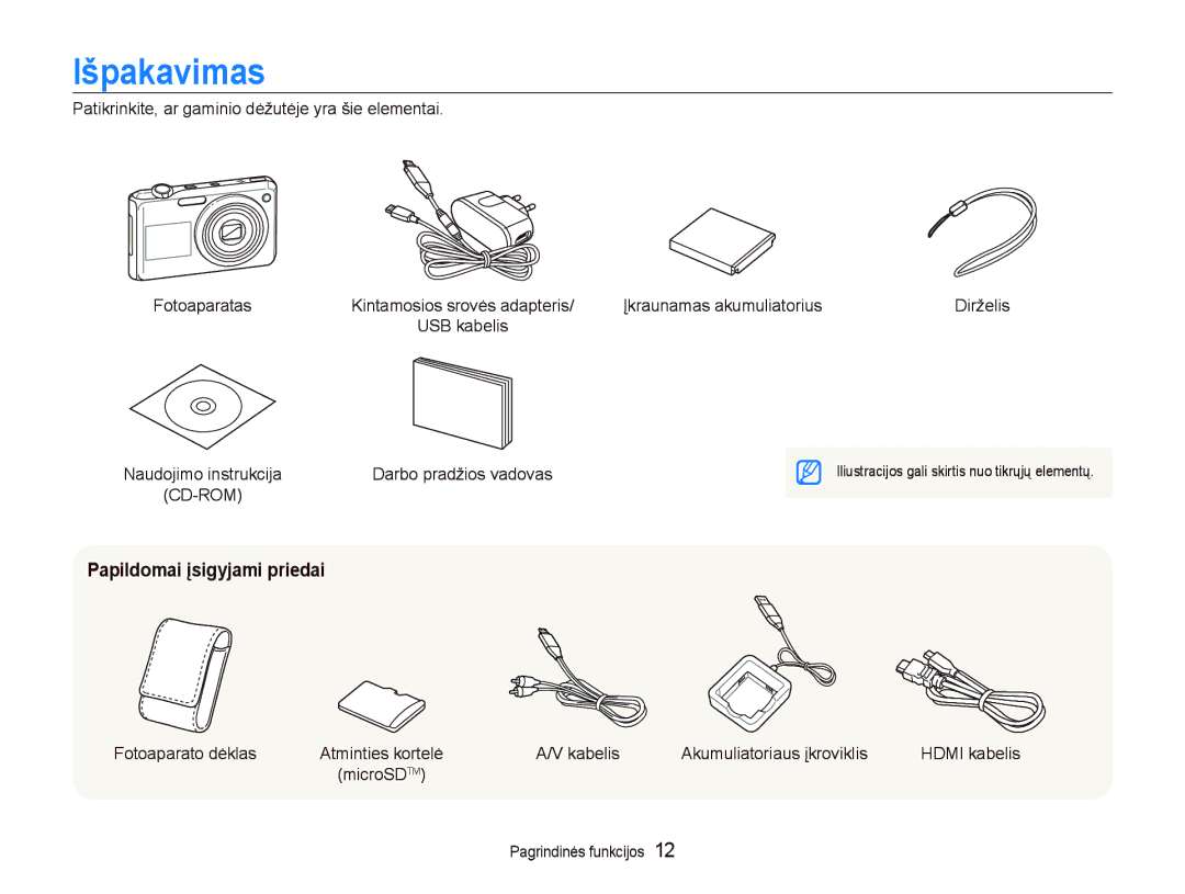 Samsung EC-PL150ZBPSRU manual Išpakavimas, Papildomai įsigyjami priedai, Įkraunamas akumuliatorius, Fotoaparato dėklas 