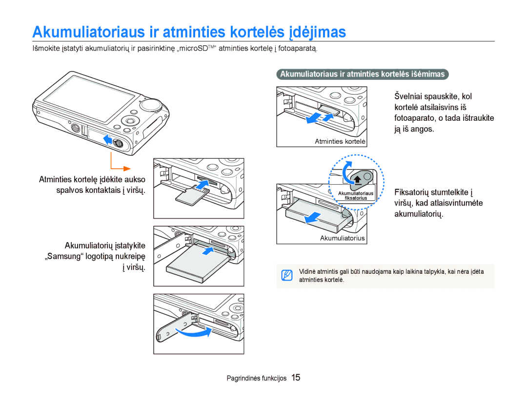 Samsung EC-PL150ZBPRRU Akumuliatoriaus ir atminties kortelės įdėjimas, Akumuliatoriaus ir atminties kortelės išėmimas 