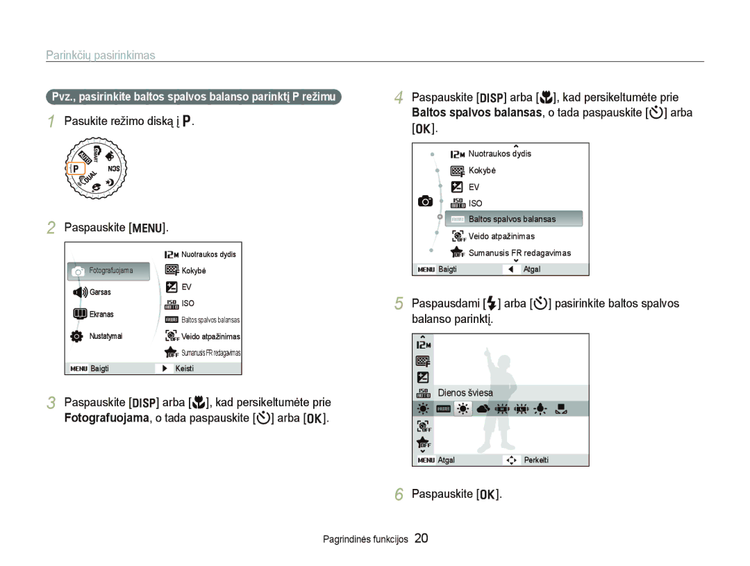 Samsung EC-PL150ZBPSRU, EC-PL150ZBPRRU manual Parinkčių pasirinkimas, Pasukite režimo diską į p Paspauskite m, Paspauskite o 