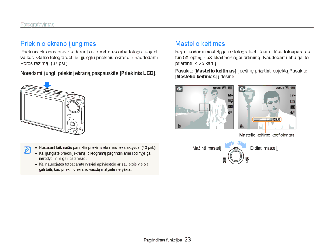 Samsung EC-PL150ZBPRRU, EC-PL150ZBPSRU, EC-PL150ZBPURU manual Priekinio ekrano įjungimas, Mastelio keitimas, Fotografavimas 