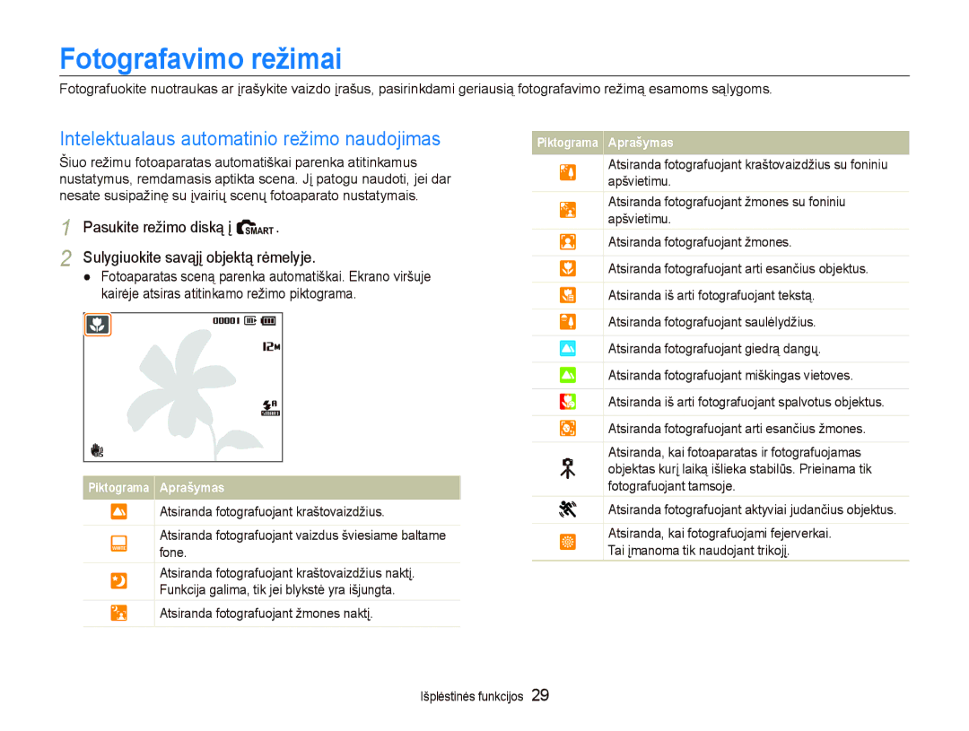 Samsung EC-PL150ZBPURU, EC-PL150ZBPRRU, EC-PL150ZBPSRU Fotografavimo režimai, Intelektualaus automatinio režimo naudojimas 