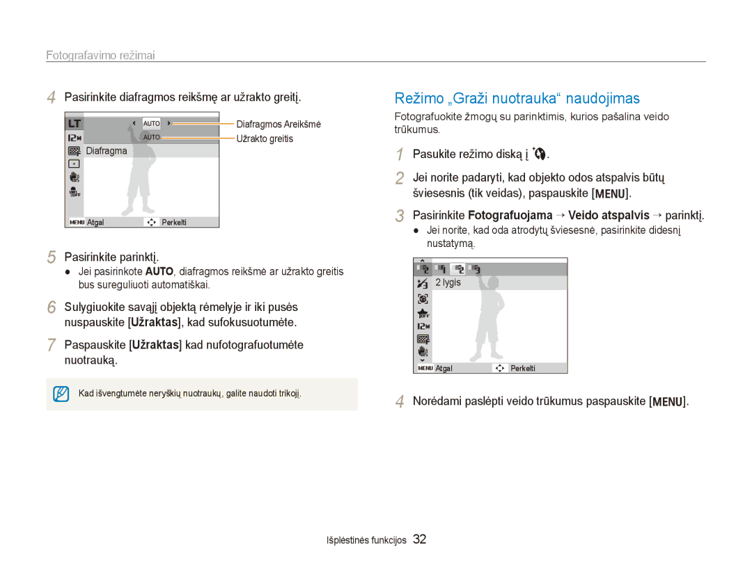 Samsung EC-PL150ZBPSRU manual Režimo „Graži nuotrauka naudojimas, Pasirinkite Fotografuojama → Veido atspalvis → parinktį 