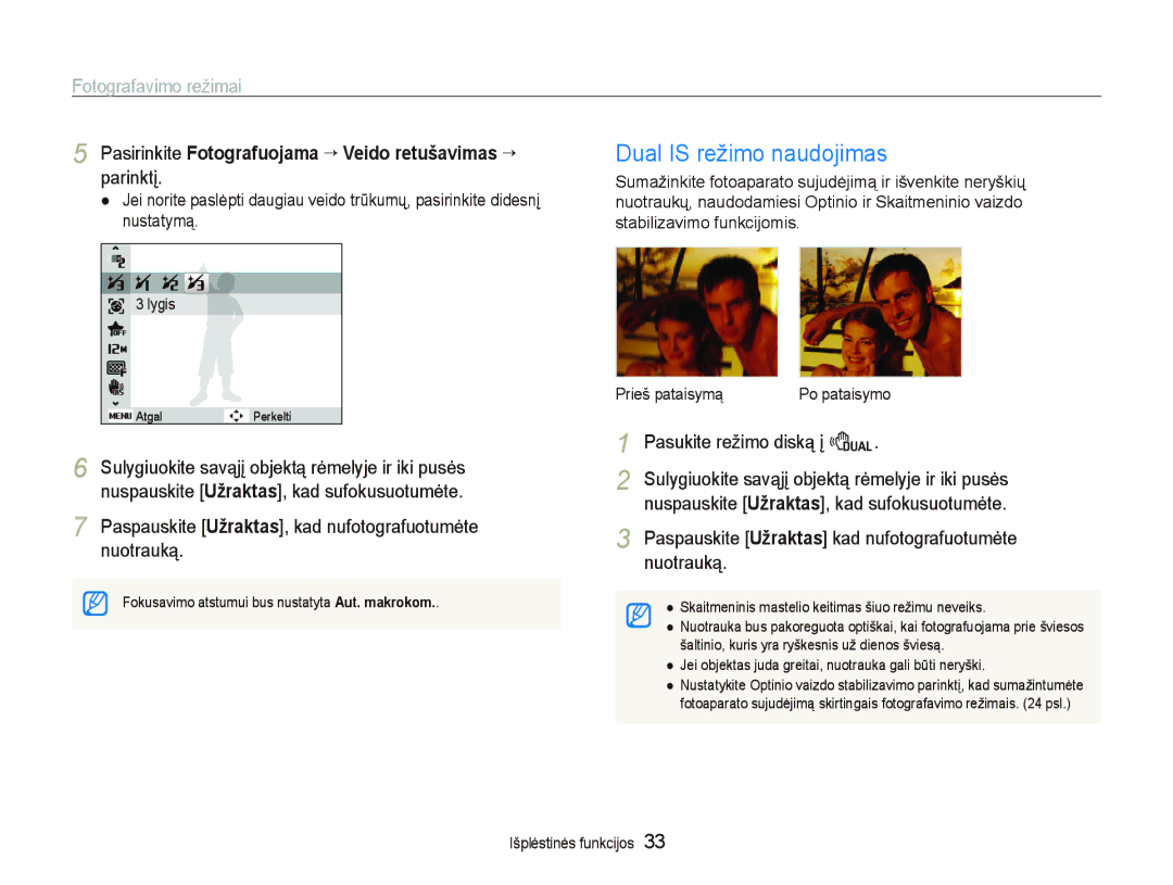 Samsung EC-PL150ZBPURU manual Dual is režimo naudojimas, Pasirinkite Fotografuojama “ Veido retušavimas ““ parinktį 