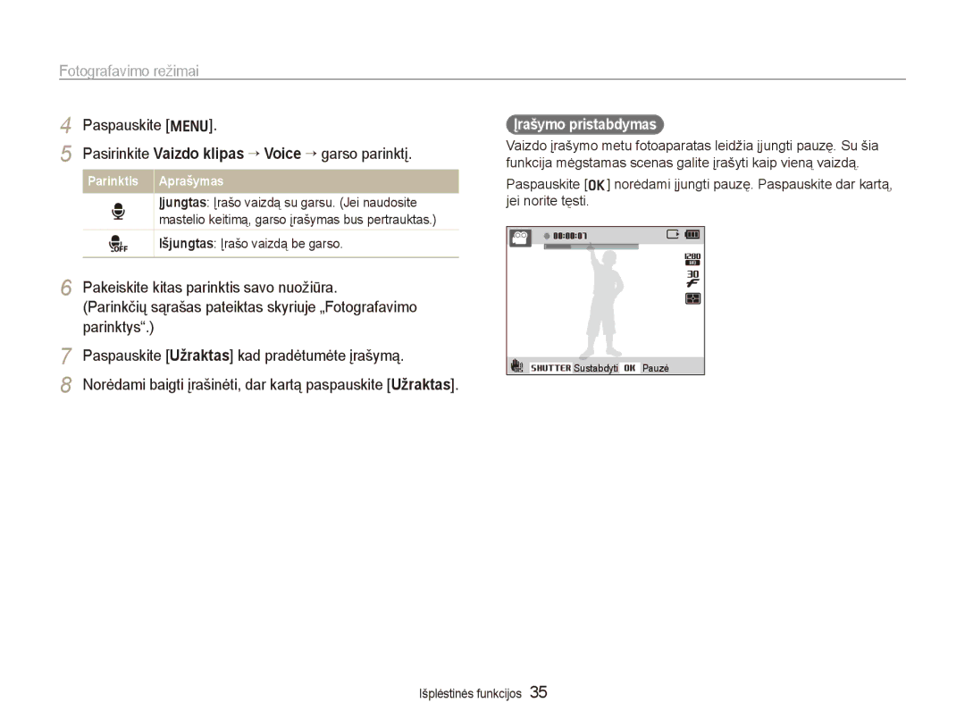 Samsung EC-PL150ZBPRRU manual Pasirinkite Vaizdo klipas → Voice → garso parinktį, Pakeiskite kitas parinktis savo nuožiūra 