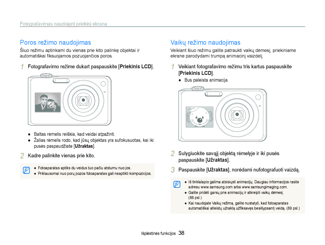 Samsung EC-PL150ZBPLRU manual Poros režimo naudojimas, Vaikų režimo naudojimas, Fotografavimas naudojant priekinį ekraną 