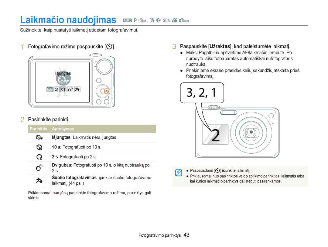 Samsung EC-PL150ZBPRRU, EC-PL150ZBPSRU manual Laikmačio naudojimas a p d b N s v S, Fotografavimo režime paspauskite t 