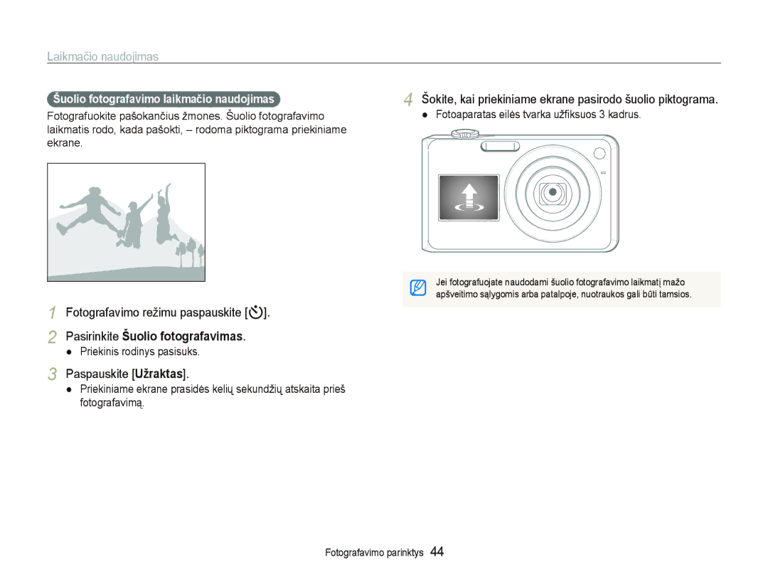 Samsung EC-PL150ZBPSRU manual Laikmačio naudojimas, Fotografavimo režimu paspauskite t, Pasirinkite Šuolio fotografavimas 