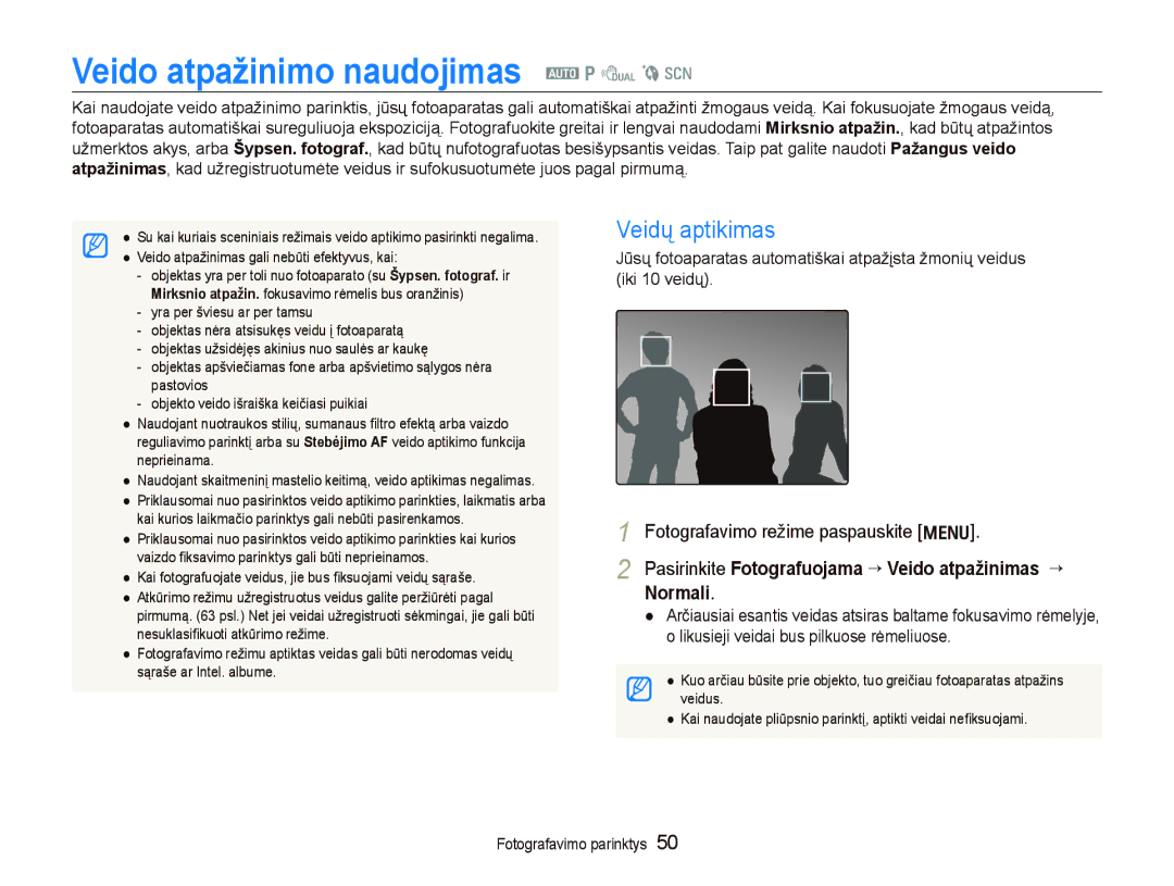 Samsung EC-PL150ZBPLRU, EC-PL150ZBPRRU, EC-PL150ZBPSRU manual Veido atpažinimo naudojimas a p d b s, Veidų aptikimas 