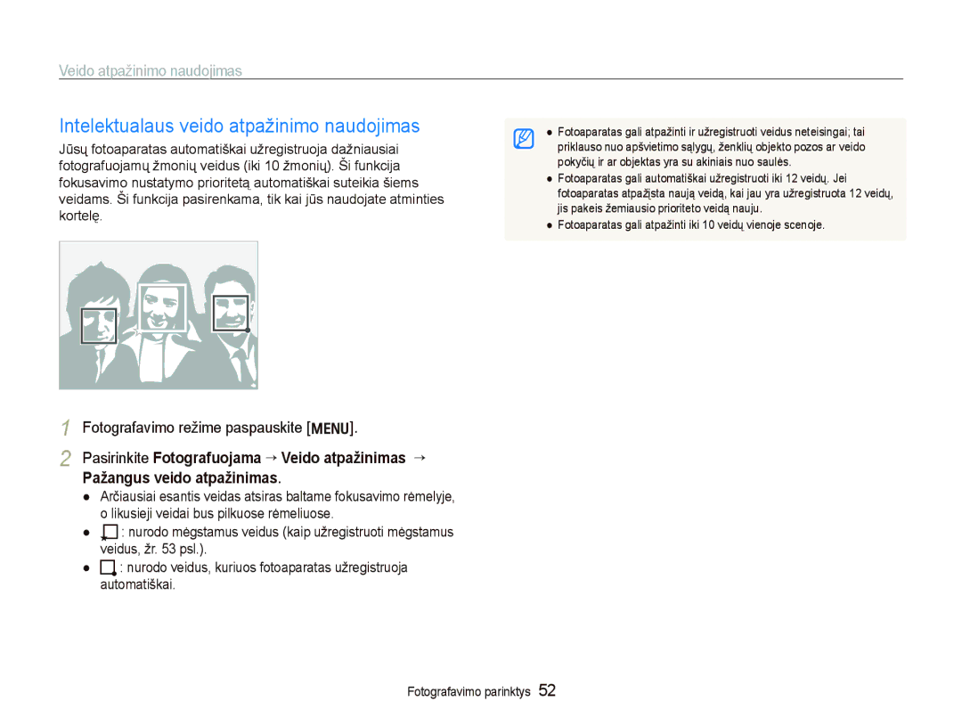 Samsung EC-PL150ZBPSRU, EC-PL150ZBPRRU, EC-PL150ZBPURU, EC-PL150ZBPLRU manual Intelektualaus veido atpažinimo naudojimas 