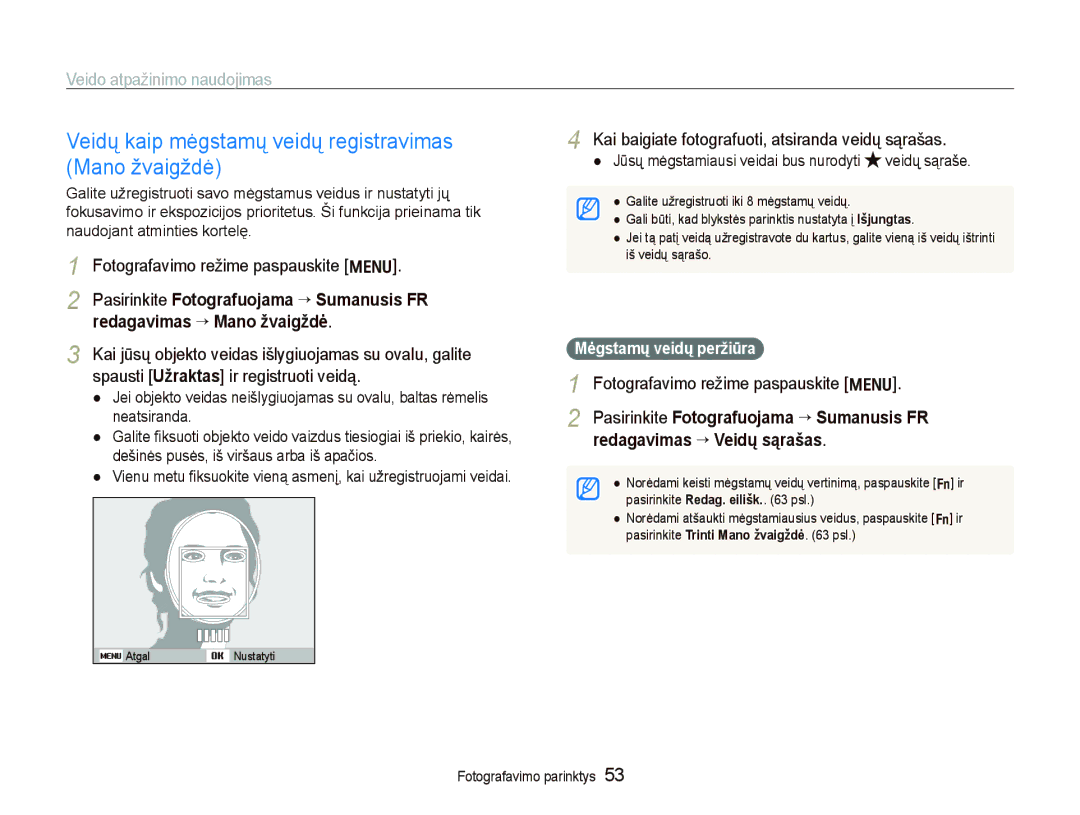 Samsung EC-PL150ZBPURU manual Veidų kaip mėgstamų veidų registravimas Mano žvaigždė, Spausti Užraktas ir registruoti veidą 