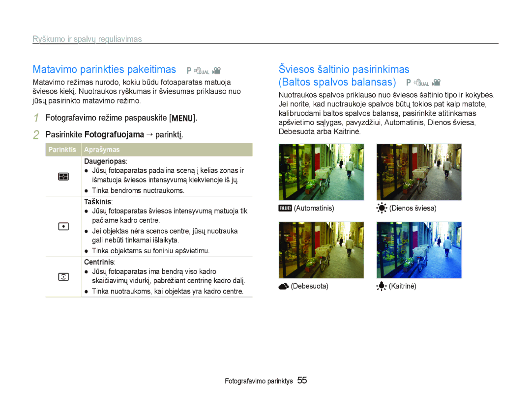 Samsung EC-PL150ZBPRRU manual Matavimo parinkties pakeitimas p d, Šviesos šaltinio pasirinkimas Baltos spalvos balansas p d 