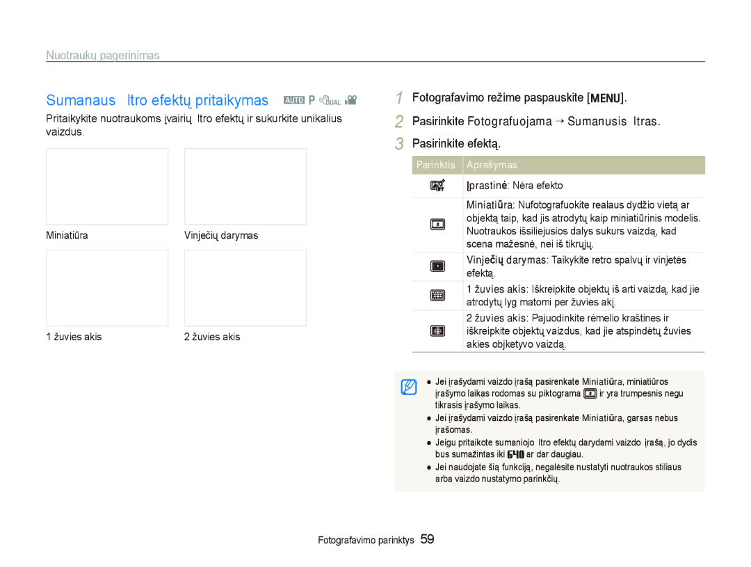 Samsung EC-PL150ZBPRRU, EC-PL150ZBPSRU Sumanaus ﬁltro efektų pritaikymas a p d, Nuotraukų pagerinimas, Pasirinkite efektą 