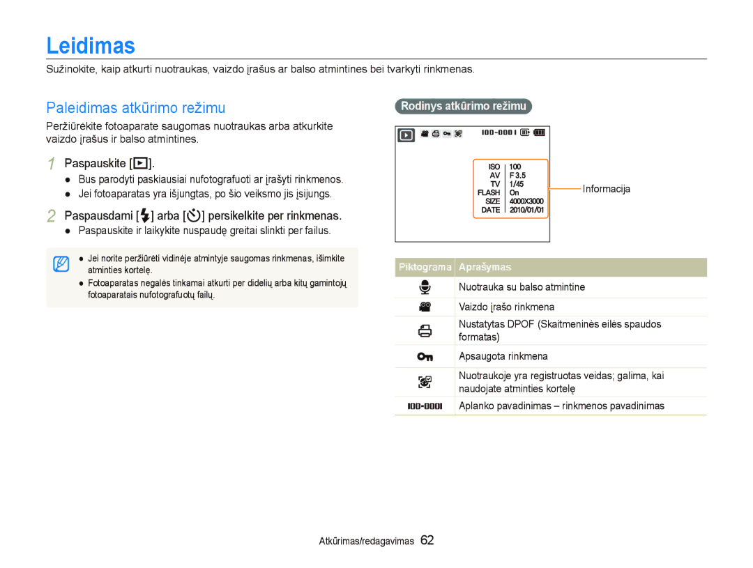 Samsung EC-PL150ZBPLRU, EC-PL150ZBPRRU manual Leidimas, Paleidimas atkūrimo režimu, Paspauskite P, Rodinys atkūrimo režimu 