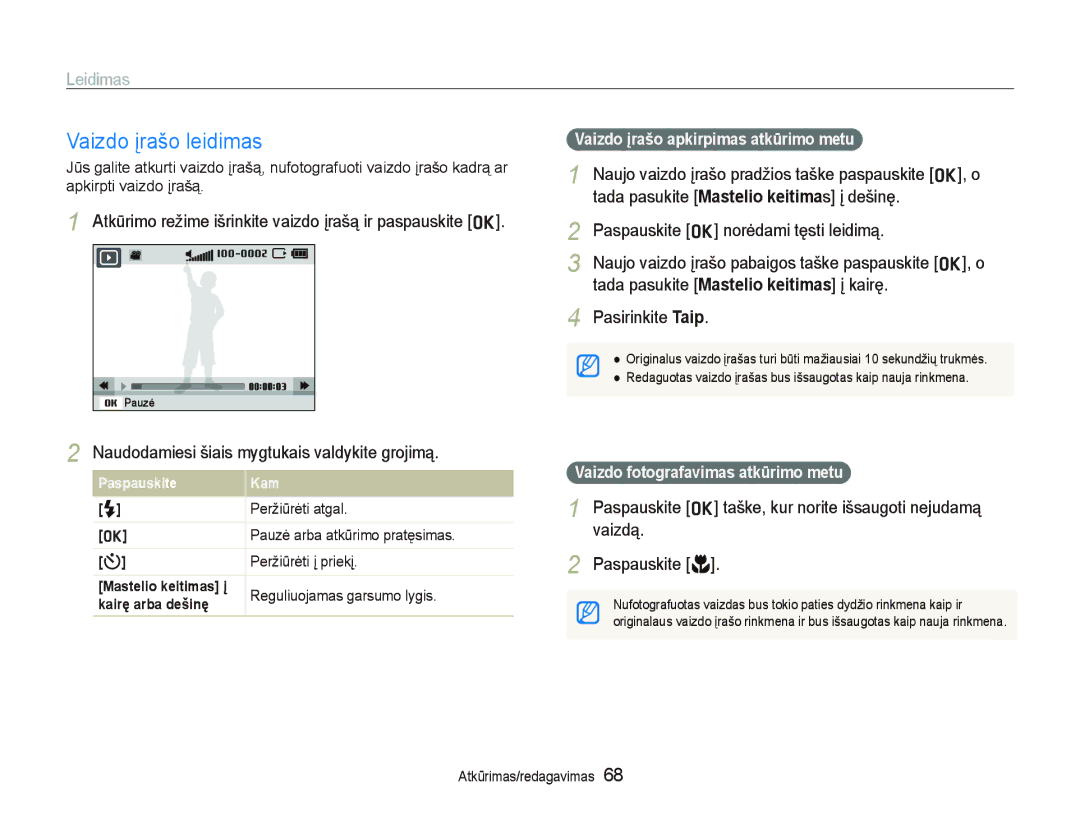 Samsung EC-PL150ZBPSRU, EC-PL150ZBPRRU manual Vaizdo įrašo leidimas, Atkūrimo režime išrinkite vaizdo įrašą ir paspauskite o 