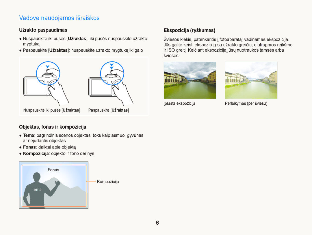 Samsung EC-PL150ZBPLRU, EC-PL150ZBPRRU Vadove naudojamos išraiškos, Užrakto paspaudimas, Objektas, fonas ir kompozicija 