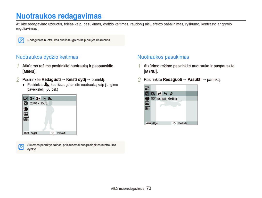 Samsung EC-PL150ZBPLRU, EC-PL150ZBPRRU manual Nuotraukos redagavimas, Nuotraukos dydžio keitimas, Nuotraukos pasukimas 