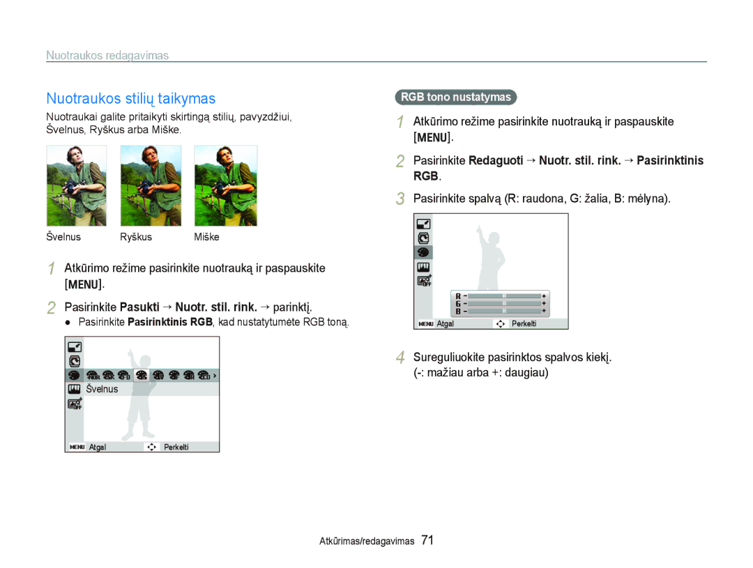 Samsung EC-PL150ZBPRRU, EC-PL150ZBPSRU manual Nuotraukos stilių taikymas, Nuotraukos redagavimas, RGB tono nustatymas 